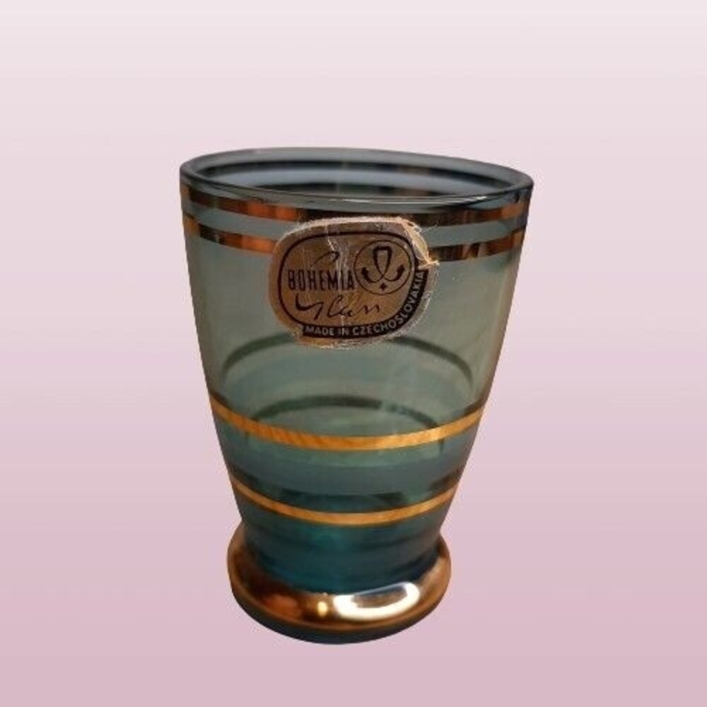 Vtg Czech Bohemia Glass Aperitif Shot Glass Blue w/ Gold Stripes Sticker label